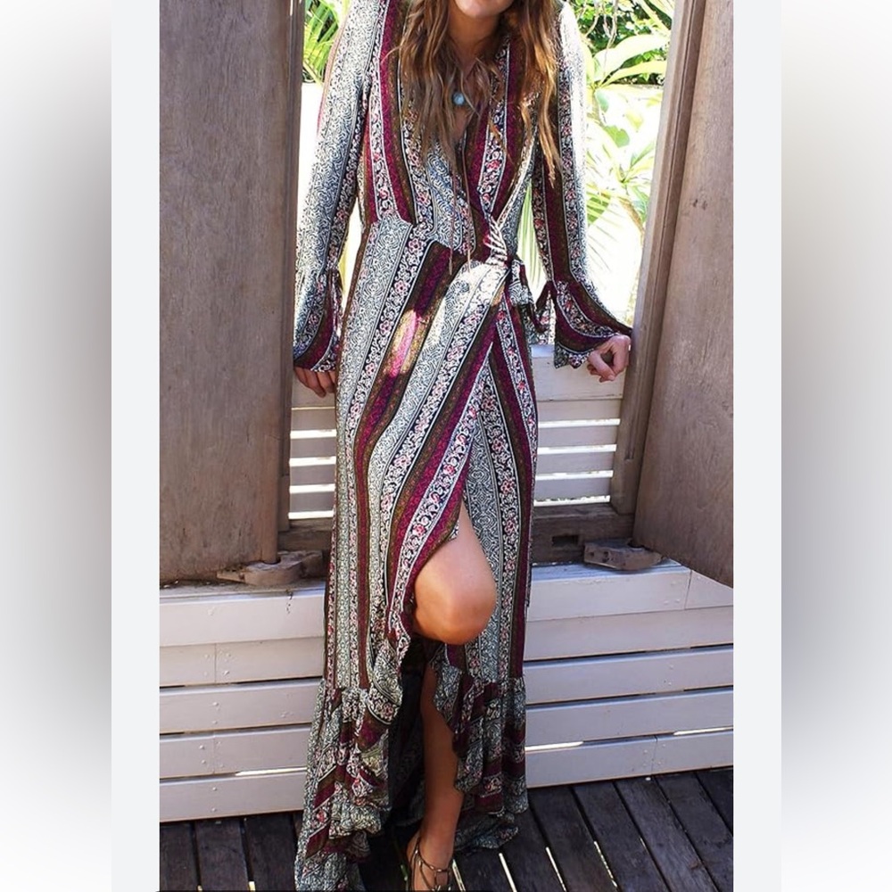 Bohemian Long Sleeve Wrap Maxi Dress in Burgundy Print